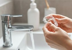 Woman in bathroom with her Invisalign aligner