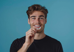 Smiling young man holding Invisalign aligner
