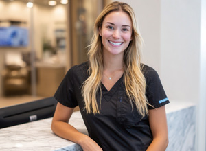 Smiling dental team member leaning against front desk