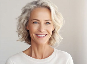 smiling gray-haired woman with perfect teeth